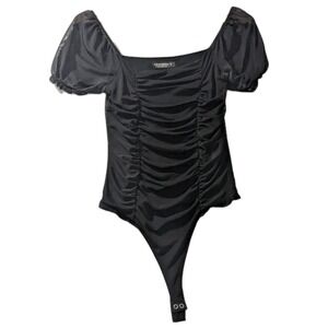Liz & Sara Black Puff Sleeve Ruched Mesh Bodysuit Women's Size S